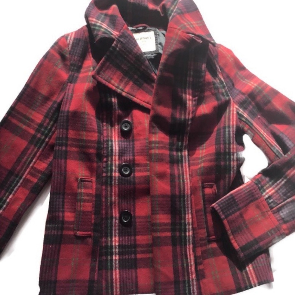 Red and Black Plaid Short Peacoat 